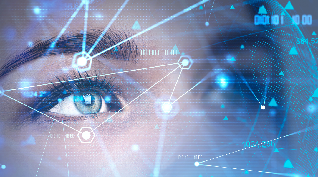 artificial intelligence in digital marketing feature image: woman 's eye with data nodes overlayed on her face.