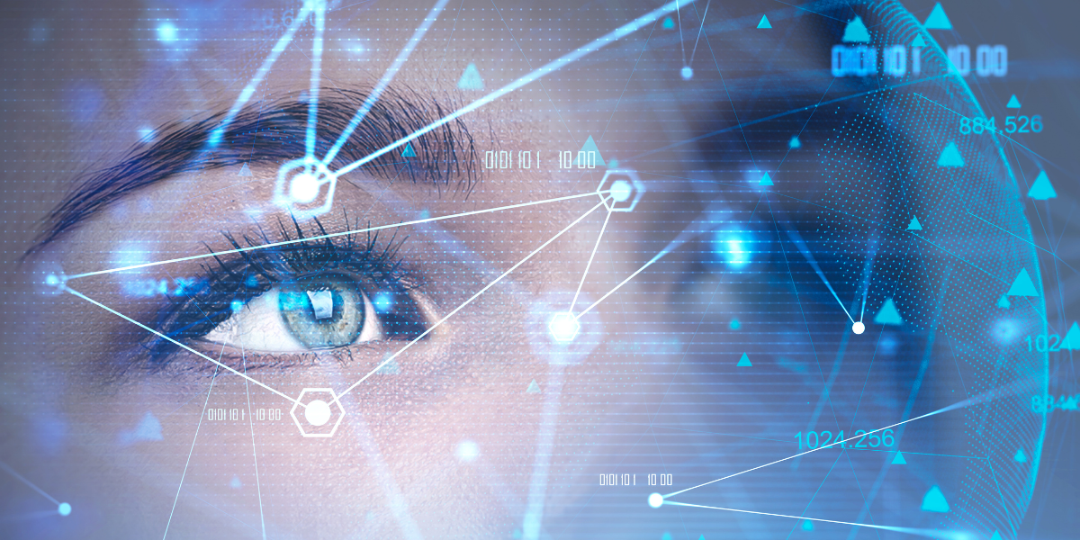 Artificial intelligence in digital marketing feature image: woman 's eye with data nodes overlayed on her face.