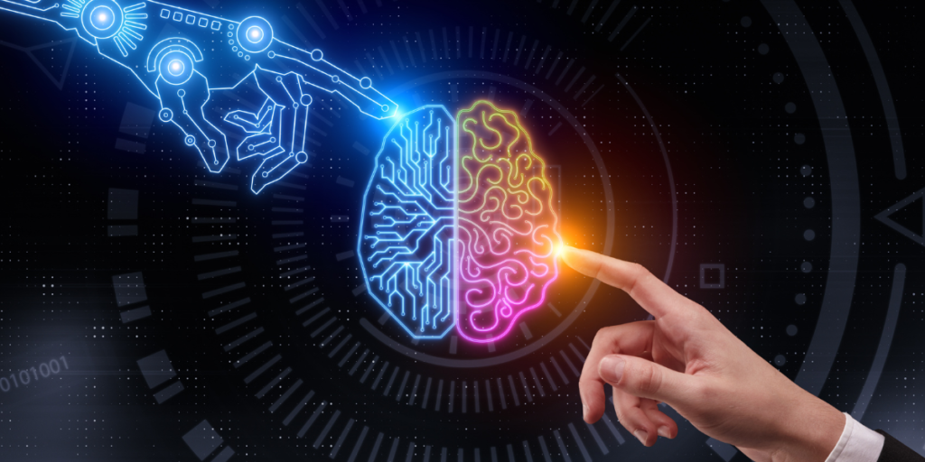 icon of brain with one half looking technology themed and the other half more human themed. A robot hand and a human hand are touching each side of the brain. 