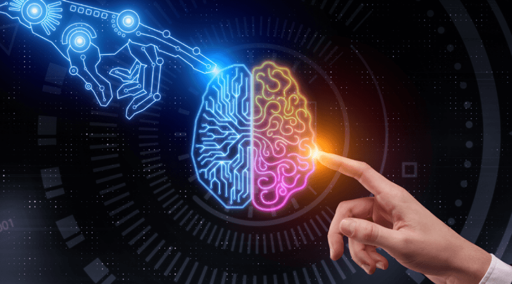 icon of brain with one half looking technology themed and the other half more human themed. A robot hand and a human hand are touching each side of the brain. 