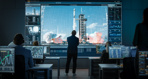 ground control looking at screen as rocket launches into space