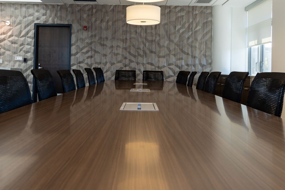 shot of a long table in a conference room