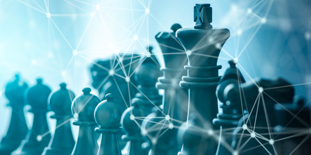 Chess pieces team on chess board with technology network background
