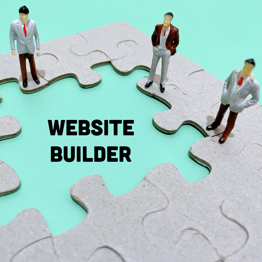 figures stand on gray puzzle pieces. The blue-green background says Website Builder