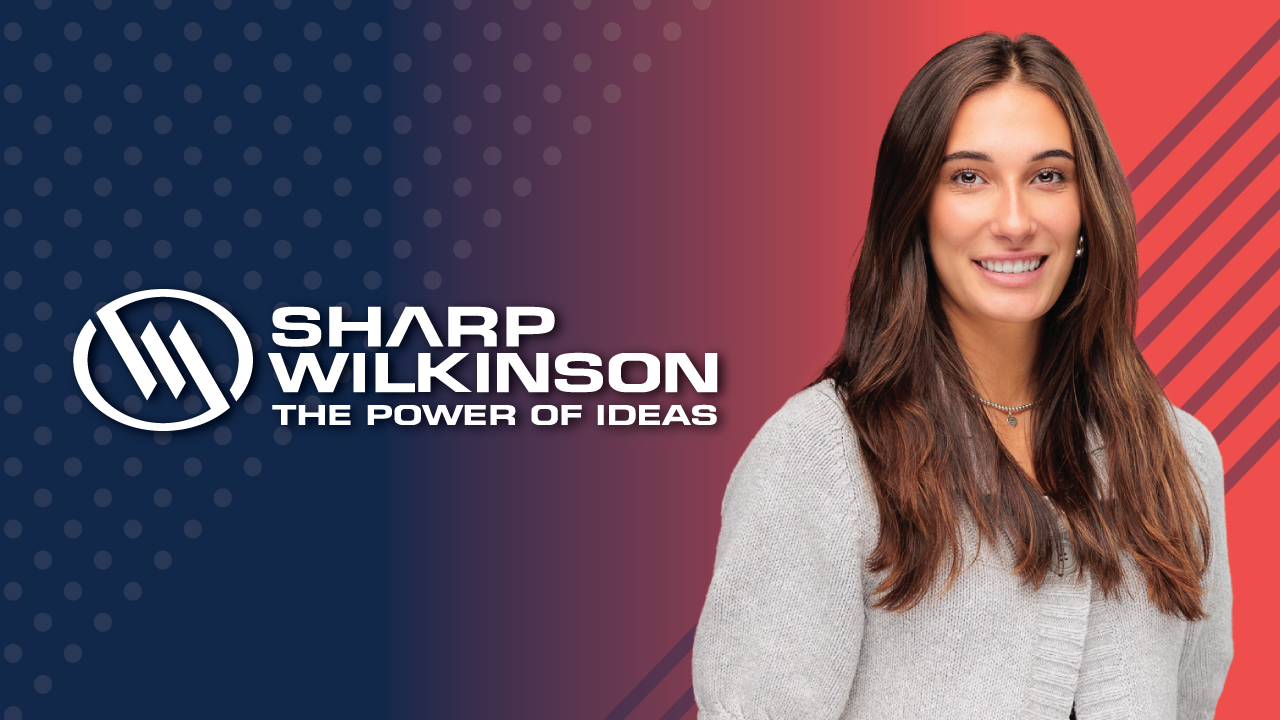 SPW_MaddyWelcomePost • Sharp Wilkinson Maddy on red and blue background with Sharp Wilkinson logo