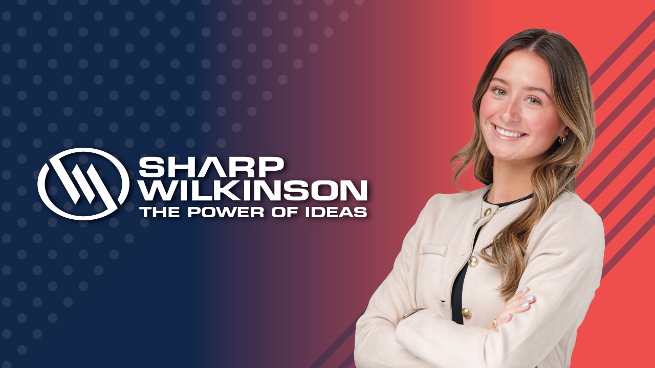 Megan de Varona on red and blue background with Sharp Wilkinson logo