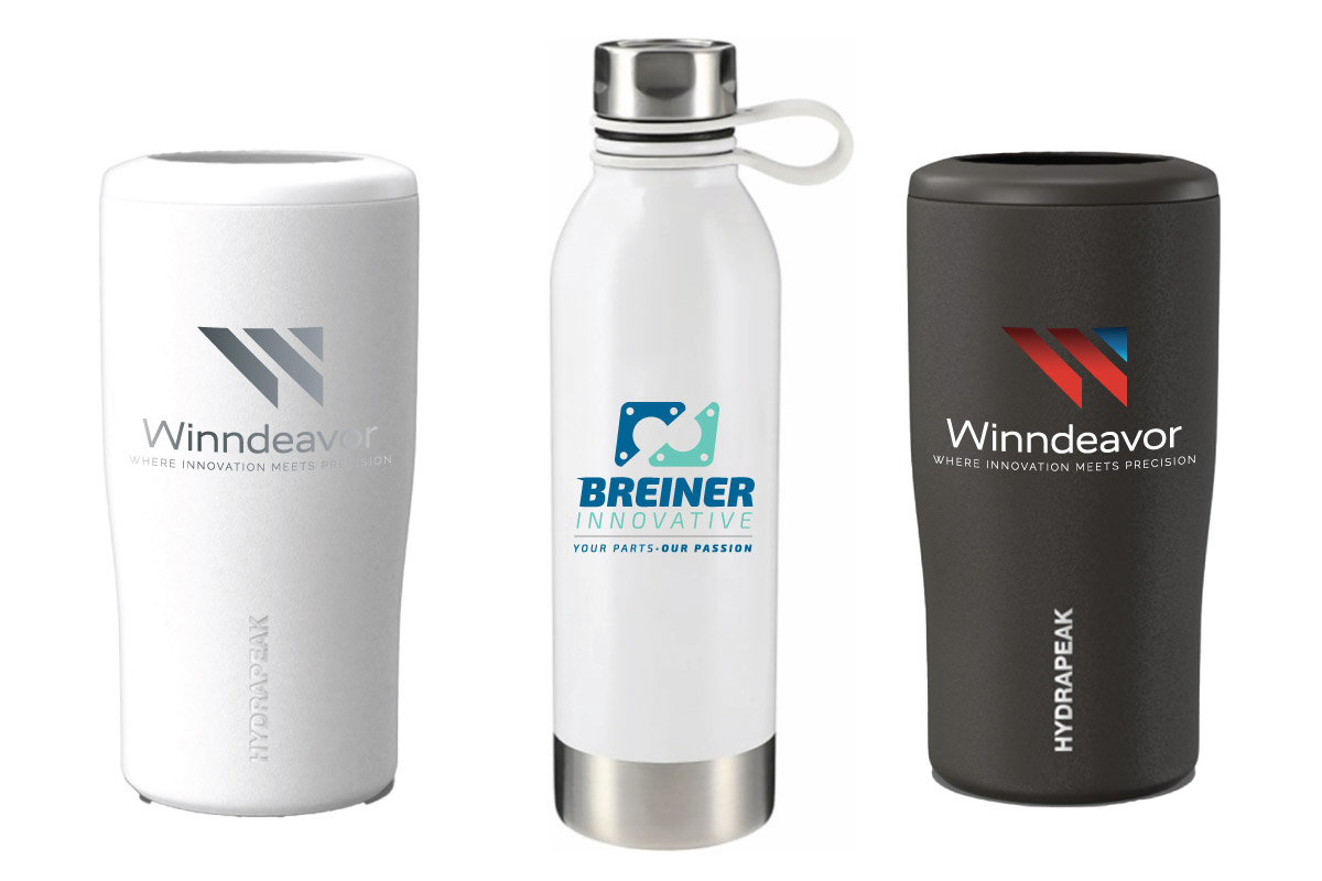 Three branded insulated water bottles: left white Winndeavor bottle, middle white Breiner Innovative bottle with a looped cap, right dark gray Winndeavor Hydrapak bottle.