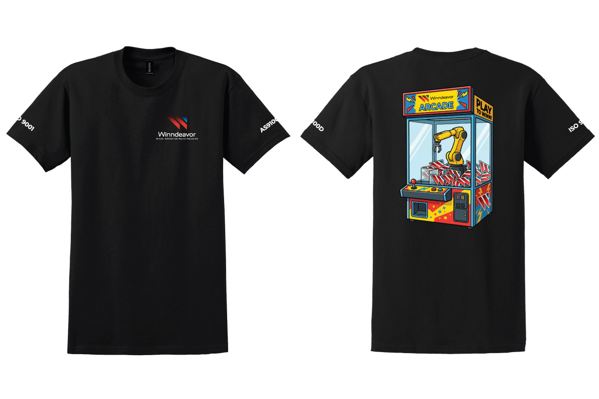 Black t-shirt with a small chest logo that reads Winndevor/Winndeavor and ISO 9001 text on the sleeves. Back features a large colorful arcade claw machine graphic with the word ARCADE.