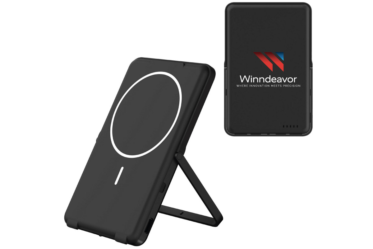 Black wireless-charging phone case with a circular pad on the back and a fold-out kickstand, shown at an angle.