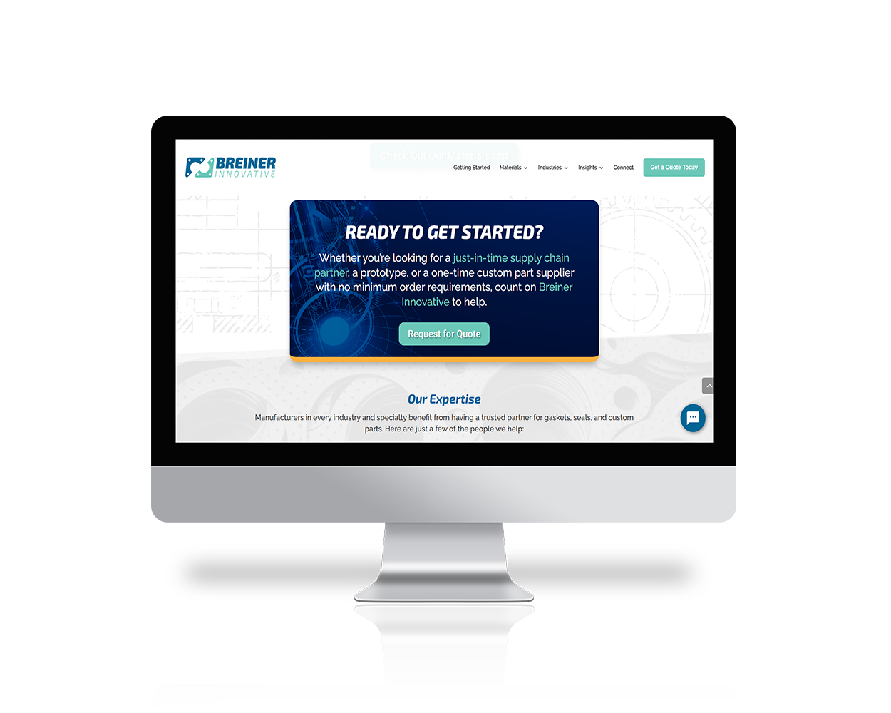 Desktop monitor showing a Breiner Innovative website with a blue hero card reading 'Ready to Get Started?' and a 'Request for Quote' button.